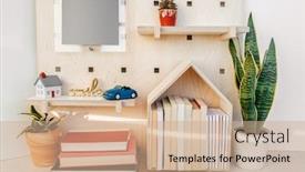  Presentation with wooden toy - Slide set having home-decor-cozy-wall-shelves background and a coral colored foreground
