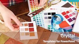  Presentation with working woman - Audience pleasing PPT layouts consisting of home decorationg - woman working with scraps backdrop and a red colored foreground