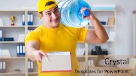  Presentation with water bottle - PPT theme having home delivery - man delivering water bottle background and a  colored foreground