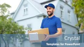  Presentation with logistics - Audience pleasing theme consisting of home delivery service mail people logistics and shipping concept - happy man with parcel box over house background backdrop and a teal colored foreground