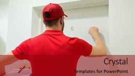  Presentation with man door - Cool new PPT theme with home delivery service mail people backdrop and a crimson colored foreground