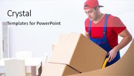  Presentation with home depot - PPT layouts having home depot - contractor worker moving boxes background and a sky blue colored foreground