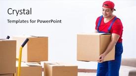  Presentation with home office - PPT theme consisting of home depot - contractor worker moving boxes background and a cool aqua colored foreground