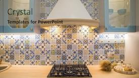  Presentation with room interior design - Presentation theme having home-design-turquoise-kitchen-interior background and a coral colored foreground