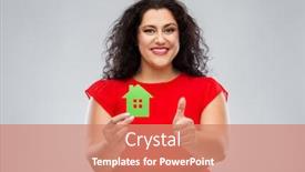  Presentation with environmentally friendly - PPT theme consisting of home ecology and environmentally friendly concept - happy woman in red dress holding green house icon and showing thumbs up over grey background background and a coral colored foreground