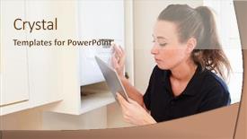  Presentation with boiler - Presentation theme featuring home energy - female technician servicing boiler using background and a sky blue colored foreground