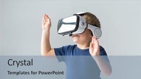  Presentation with virtual reality shooter - Cool new slide deck with home entertainment technology and generation backdrop and a light blue colored foreground