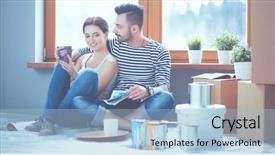  Presentation with broken home upset couple - Presentation design consisting of home floor looking at jurnal background and a light blue colored foreground