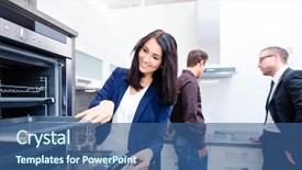  Presentation with kitchen furniture - Slides with home furnishing - woman picking oven for domestic background and a ocean colored foreground