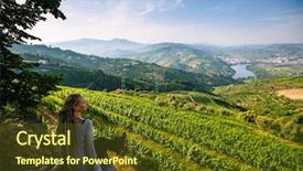  Presentation with river valley - PPT theme featuring home garden village - woman on the viewing point background and a tawny brown colored foreground