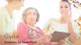  Presentation with digital healthcare - Colorful presentation theme enhanced with home-healthcare-nurse-helps-patient backdrop and a coral colored foreground