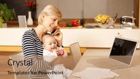  Presentation with working mother - Slide set having home holding baby on lap background and a coral colored foreground