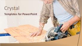  Presentation with home improvement - Slides with home improvement - handyman cut wood with jigsaw in workshop background and a lemonade colored foreground