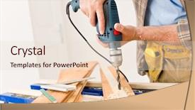  Presentation with home improvement - PPT theme having home improvement - handyman drilling wood in workshop background and a lemonade colored foreground