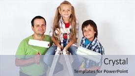  Presentation with home improvement - PPT layouts having home improvement squad - kids and their father with painting utensils background and a light blue colored foreground