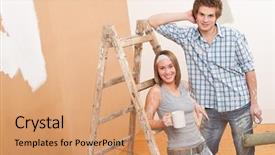  Presentation with home improvement - Slide set enhanced with home improvement young couple painting wall with paint roller background and a coral colored foreground
