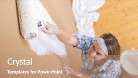  Presentation with home improvement - Slide deck featuring home improvement young woman painting wall with paint roller background and a coral colored foreground