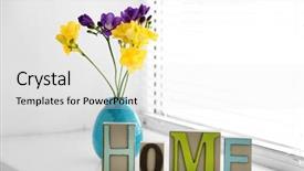  Presentation with white letters - Slide set consisting of home in colorful letters and spring flowers in light white interior background and a white colored foreground