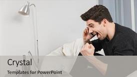  Presentation with human computer interaction mobile app - Beautiful slides featuring home indoors using laptop computer backdrop and a  colored foreground