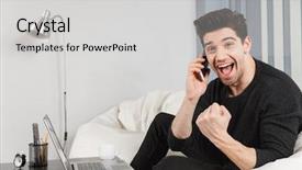  Presentation with human computer interaction mobile app - Theme with home indoors using laptop computer background and a  colored foreground