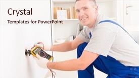  Presentation with digital multimeter - Amazing PPT layouts having home inspection - electrician checking socket voltage backdrop and a sky blue colored foreground