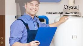  Presentation with inspection - Slide deck featuring home inspection - technician servicing an hot-water heater background and a soft green colored foreground