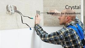  Presentation with outlet - Presentation theme having electricity house - young electrician at work background and a  colored foreground