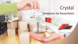  Presentation with house key - Amazing PPT theme having home insurance - hand with house key backdrop and a sky blue colored foreground