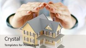  Presentation with insurance - Beautiful theme featuring home insurance - hands and house model backdrop and a coral colored foreground