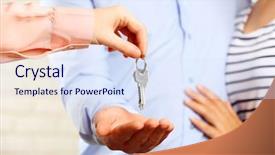  Presentation with real estate - Colorful slide deck enhanced with home insurance - real estate agent giving keys backdrop and a sky blue colored foreground