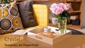  Presentation with open book spiral - Beautiful presentation theme featuring home-interior-with-pillows backdrop and a gold colored foreground