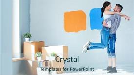  Presentation with young happy couple - Audience pleasing PPT layouts consisting of home investing - happy young couple moving backdrop and a sky blue colored foreground