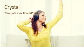  Presentation with teenage girl - PPT theme enhanced with home leisure and happiness concept - smiling teenage girl sitting on sofa with headphones background and a cream colored foreground