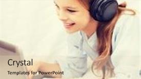  Presentation with computer music - Amazing presentation having home leisure new technology and music concept - smiling little girl with laptop computer and headphones at home backdrop and a lemonade colored foreground