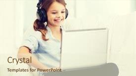  Presentation with computer music - Beautiful presentation theme featuring home leisure new technology and music concept - smiling little girl with laptop computer and headphones at home backdrop and a cream colored foreground