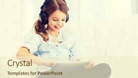  Presentation with computer music - PPT theme having home leisure new technology and music concept - smiling little girl with tablet pc computer and headphones at home background and a cream colored foreground