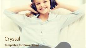  Presentation with computer music - PPT theme featuring home leisure new technology and music concept - smiling little girl with tablet pc computer and headphones at home background and a cream colored foreground