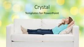  Presentation with green lights - Theme having home leisure people and happiness concept - smiling little girl lying on sofa and dreaming over green lights background background and a soft green colored foreground