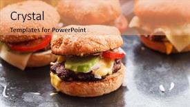  Presentation with burgers - Slide deck featuring home made burgers background and a coral colored foreground