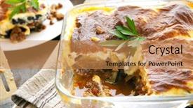  Presentation with eggplant - Beautiful slides featuring home-made greek moussaka eggplant layered with meat sauce topped with bechamel sauce backdrop and a coral colored foreground