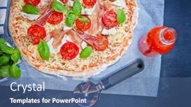  Presentation with herbs blue - Slide set consisting of home made raw pizza with prosciutto and blue cheese the dough with the addition of fiber and provencal herbs background and a ocean colored foreground