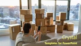  Presentation with online app - Beautiful PPT theme featuring home-move-out-of-apartment backdrop and a tawny brown colored foreground