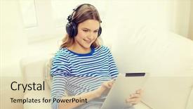  Presentation with computer music - Colorful PPT theme enhanced with home music technology and internet backdrop and a soft green colored foreground