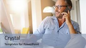  Presentation with home office - Beautiful presentation theme featuring home-office businessman talking backdrop and a light blue colored foreground