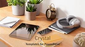  Presentation with home office - Theme having home-office-desk-with-tablet background and a coral colored foreground