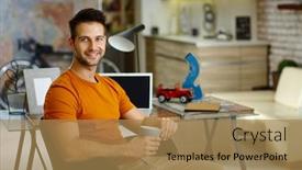  Presentation with home office - Audience pleasing presentation theme consisting of home-office-happy-young-man backdrop and a coral colored foreground