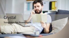  Presentation with pink home office - Audience pleasing PPT theme consisting of home office manager phoning client backdrop and a  colored foreground