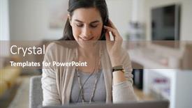  Presentation with home office - Cool new slide deck with home-office teleoperator talking on phone with headset backdrop and a coral colored foreground