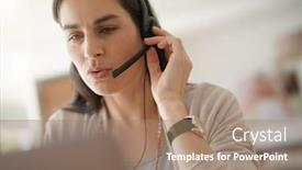  Presentation with home office - Colorful presentation design enhanced with home-office teleoperator talking on phone with headset backdrop and a coral colored foreground