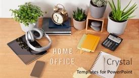  Presentation with home office - Slide deck consisting of home-office-text-desk background and a coral colored foreground